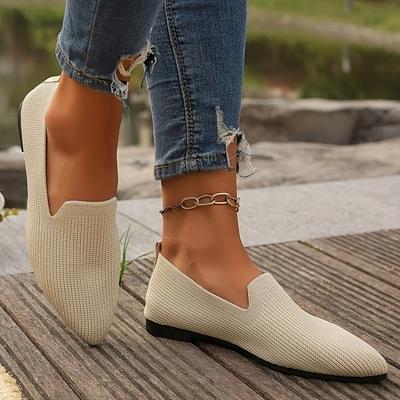 TEMU Women's Plus Size Yellow Pointed Toe Slip-on Flats - Stylish Fabric Loafers With Chain Ankle Strap, Rubber Sole, Hand Washable, Spring Fashion Shoes|stylish Loafers|chain Strap Detail Image