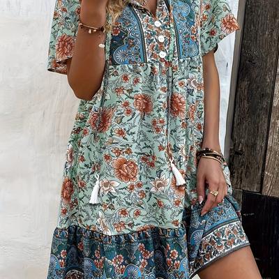 TEMU Bohemian Casual Resort Dress Floral Short Sleeve Summer V-neck Ruffle Button 's Image