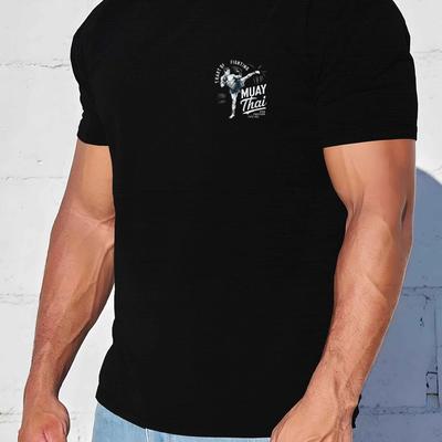 TEMU Men's Muay Thai Graphic T-shirt - Casual Black Short Sleeve Tee With Print, Polyester, Machine Washable For Summer, Martial Arts Apparel| Shirt|polyester Fabric Image