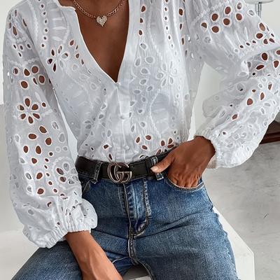 TEMU Polyester Vacation Solid Color Long Sleeve Lantern Sleeve Stand Collar Asymmetrical Hem Single Breasted Regular Weave Shirt With Eyelet Embroidery For Adult, Weekend Casual Image