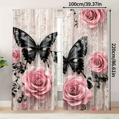 TEMU 2pcs Elegant & Rose Blackout Curtains, % Polyester Light-filtering Drapes With Rod Pocket, Hand Wash Only, For Bedroom & Office Decor, Woven Roller Embossed Fabric, -120 Gsm Image