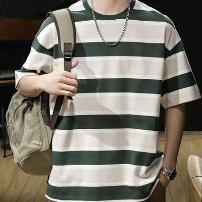 TEMU 1pc Men' Striped Short Sleeve T-shirt, Casual Crew Neck, Polyester 95% Spandex 5% Knit Fabric, Medium Stretch, Loose Fit Summer Top Image