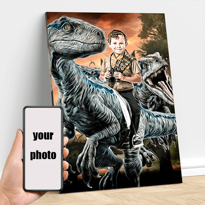TEMU Custom Boy & Dinosaur - Personalized Oil Painting With Your Photo, Perfect Gift For , Wall Decor Image