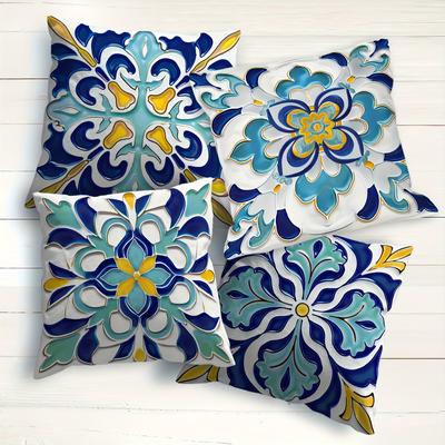 TEMU Bohemian Style Floral Throw Pillow Covers, Set Of 4, Machine Washable Woven Polyester With Zipper Closure For Home Decor – Accent For Room Types Image