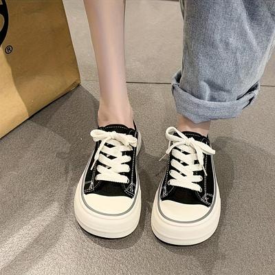 TEMU Women's Soft & Comfortable Casual Canvas Sneakers - Black & White, , Plain Toe, Rubber Sole, Hand Washable, Sneakers| Sneakers|canvas Upper Sneakers Image