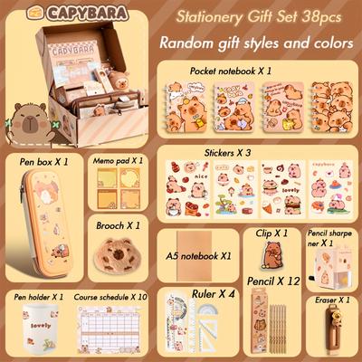 TEMU Capybara Themed Stationery Gift Set (gift Bag/gift Box/suitcase Package) With Notebook, Pens, Paper Clips, And Accessories - Cute Study Essentials Pack For Students And Image