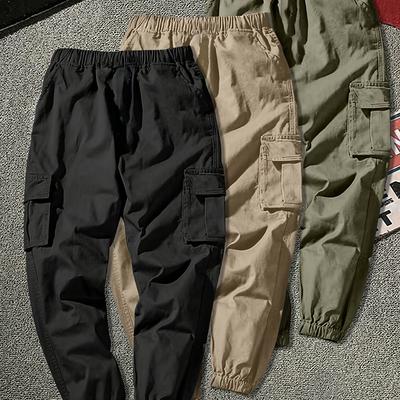 TEMU 3pcs Teen Boys Solid Color Cargo Pants With Pockets, Casual Comfortable Waist Long Pants For Daily & Wear Image