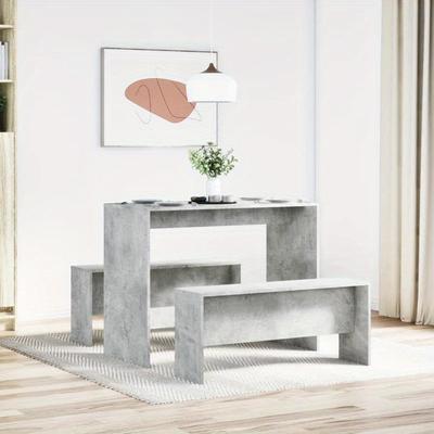 TEMU 3-piece Dining Table And Bench Set In Concrete Gray Wood Material Image