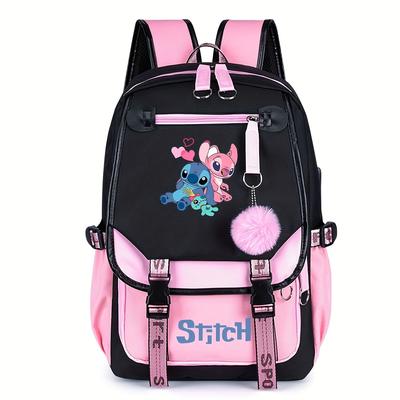 TEMU Stitch & Backpack - Cute Design, Lightweight Polyester, Adjustable Straps, Zipper Closure, Ideal For Daily & Travel, Backpack | Backpack | Adjustable Strap Backpack Image