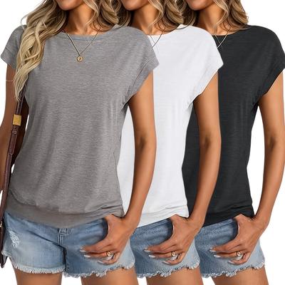 TEMU 2025 European And American Elegant Fashion Casual Summer Basic Short Sleeve Round Neck Cover Sleeve T-shirt Three-piece Set For Women Image