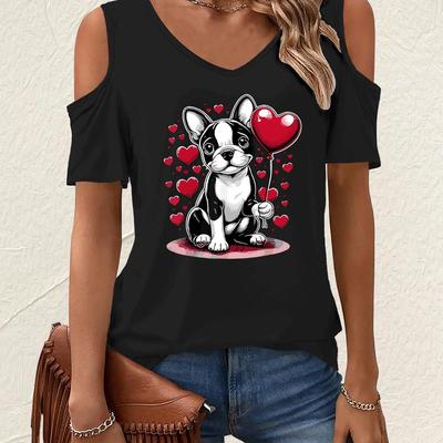 TEMU Women's French Bulldog & Hearts Print T-shirt - Off-shoulder Deep V-neck Casual Top, Black With Red/, Machine Washable Fit, Versatile Clothing, Relaxed Fit Shirt Image