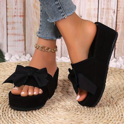 TEMU Women' Platform Slide Sandals With Bow Detail - Open Toe, Wedge Heel, Fabric Upper & Lining, Eva Sole, High Heel, Casual Summer Shoes For Image