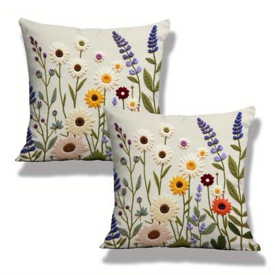 TEMU 2pcs Colorful Floral Embroidered Polyester Pillow Covers, Soft & Hypoallergenic, 16x16 Inch, Contemporary Style, Hand Wash Only, Living Room Decor, Decorative Pillows Image