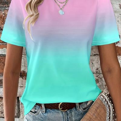 TEMU Women's Casual Ombre T-shirt - Short Sleeve, Pastel Gradient, Summer Top With Ruched Detail, Lightweight & Breathable, Casual Summer Top | Pastel Gradient Tee | Lightweight Tshirt Image