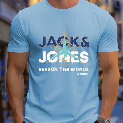 "TEMU Men's Navy Blue Casual Graphic Tee - "search The World" Print, Short Sleeve, Summer Style, Polyester Blend, Round Neck, Machine Washable" Image