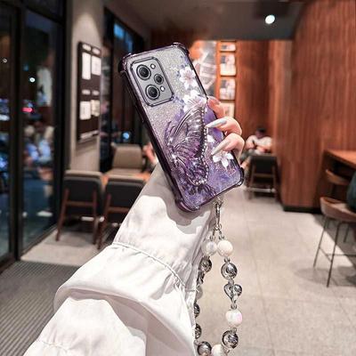 TEMU Stylish Luxury Flower Pearl Wrist Strap Phone Holder Case For Xiaomi Redmi 12 4g Redmi12 4g Anti-knock Shock Proof Stand Back Cover Image
