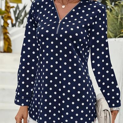 TEMU Women's Navy Blue Polka Dot Zip-up Long Sleeve Blouse - V-neck, Casual Polyester Shirt With Smooth Fabric, Image