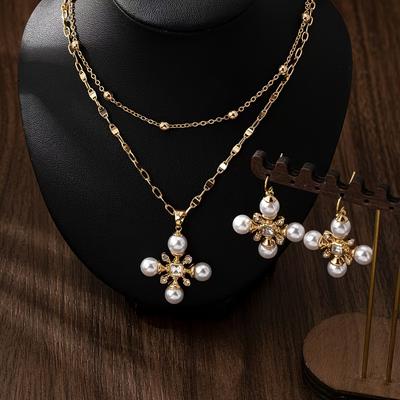 TEMU European And American Popular Women's Fashion Double-layer Chain -inlaid Glass Pendant Necklace Earring Set Image