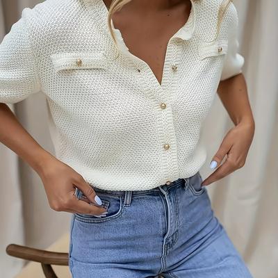 TEMU Elegant Lightweight Knit Cardigan With Button Front, Round Neck, And Textured Fabric - Spring, Summer, And Fall, Stylish Outerwear | Cardigan | Knitted Textur Image