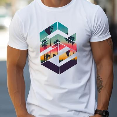 TEMU Geometric Print Stylish T-shirt For Men, Casual Summer Top, Comfortable And Neck Short Sleeve, Suitable For Image