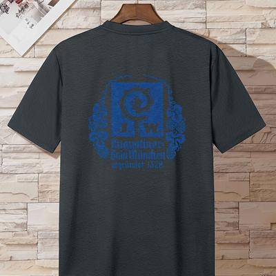 TEMU Munich Men's Casual Short-sleeve T-shirt - White With Blue Floral Print, Lightweight Polyester, Summer Image