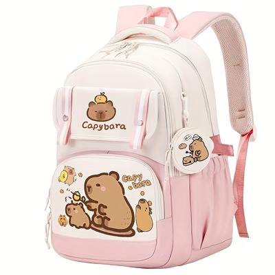TEMU Capybara Casual Backpack | Lightweight Polyester School Bag With Adjustable Straps | Large Capacity | Zip Closure & Front Pocket | Cartoon Design | Ideal For Students, Backpack For School Image