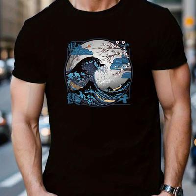 TEMU Men's Graphic Short Sleeve T-shirt With Japanese - 100% Polyester Casual Crew Neck Tee With Alphabet Pattern And Stretch - Regular Fabric Top For Summer Outdoor Wear Image