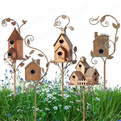 Birdhouse Garden Stakes Garden Outdoor Metal Birdhouse Decoration Bird Houses for Outside with Pole