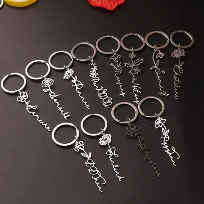 Benutzerdefinierter Namens-Schlüsselanhänger mit zwölf Geburtsblumen, Edelstahl-Schmuck, Image