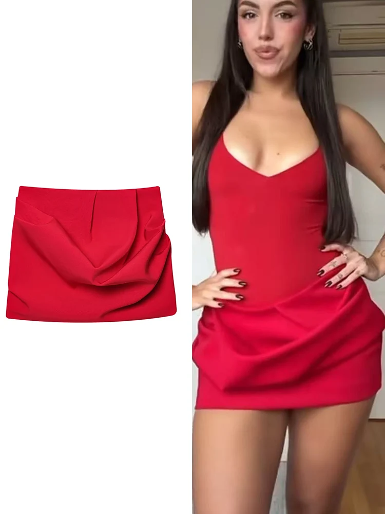 TFMLN 2025, rote Miniröcke für Damen, schick, mittlere Taille, Rüschen, seitlicher Reißverschluss, modisch, lässig, elegant, Vintage, Party, kurzer Rock