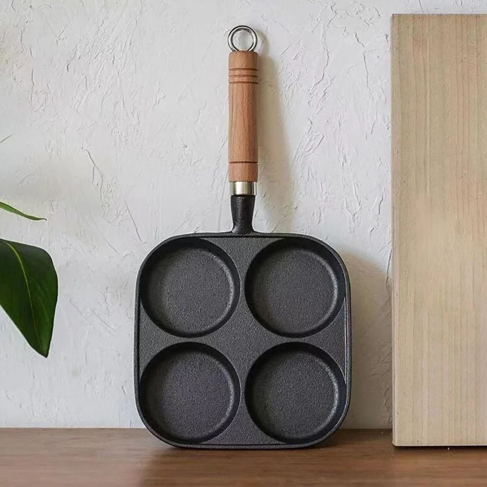4-Loch-Eier-Bratpfanne mit Holzgriff, antihaftbeschichteter Brattopf, Hamburger Brot, Frühstücksmaschine, geeignet für Gasherd, Induktionsherd Image