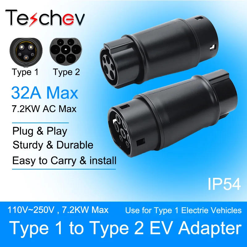 32A 7KW EV-Ladegerät-Adapter für Typ 1 bis Typ 2, Aufladen für Elektrofahrzeug-Anschluss Typ 2 auf Typ 1 J1772 7,2 kW Konvektor