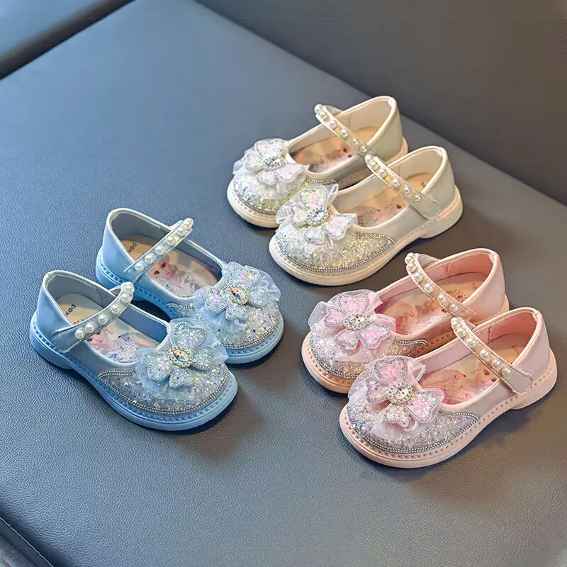 Kinder-Freizeitschuhe, Elsa-Prinzessin, gefrorenes PU-Leder, Frühling und Herbst, Schleife, Pailletten, weich, dicker Boden, atmungsaktiv, Blau, Rosa, Größe 26–35