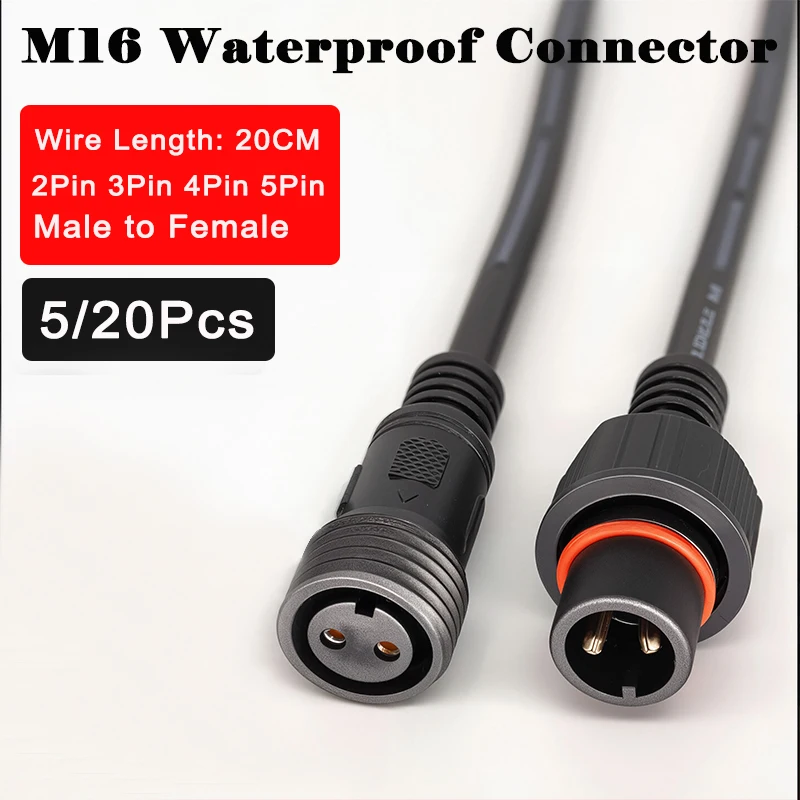 5/20 Stück M16 wasserdicht 2 3 4 5 Pin IP65 Stecker und Buchse für LED-Streifen mit 22 mm Mutter Stecker 20 cm Außendurchmesser 6 mm Kabel Image