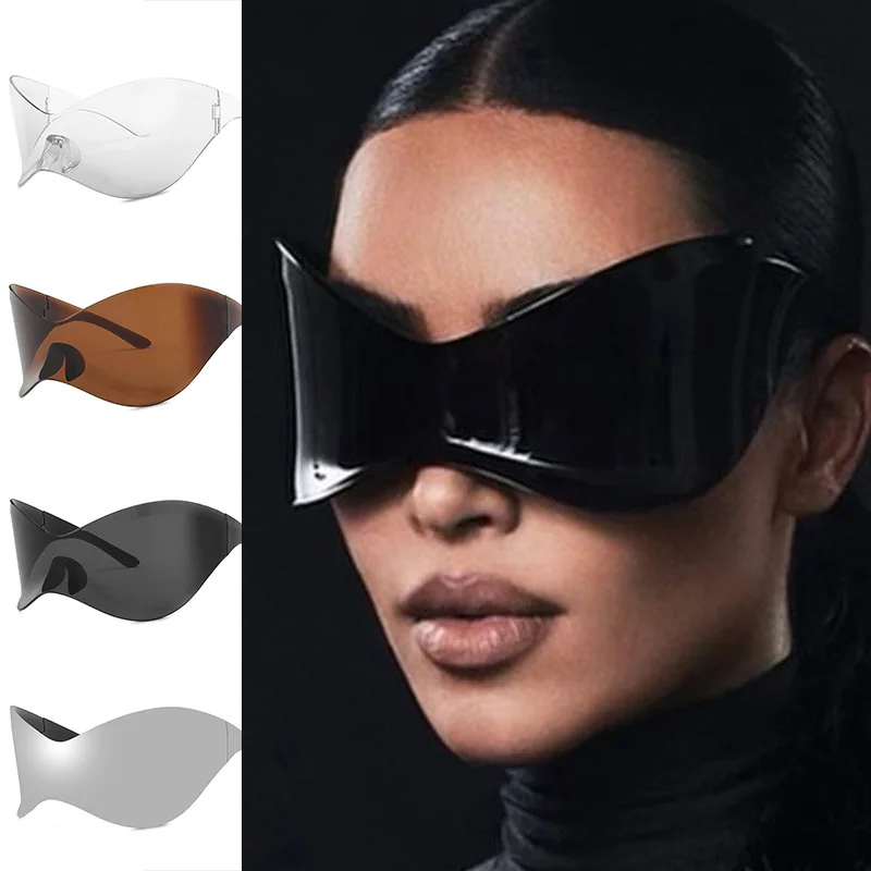 1/2-teiliges Set futuristische übergroße Sonnenbrille Y2k Wrap Around Fashion Shield Mask Coole Sonnenbrille Damen Shades für Männer Frauen Image