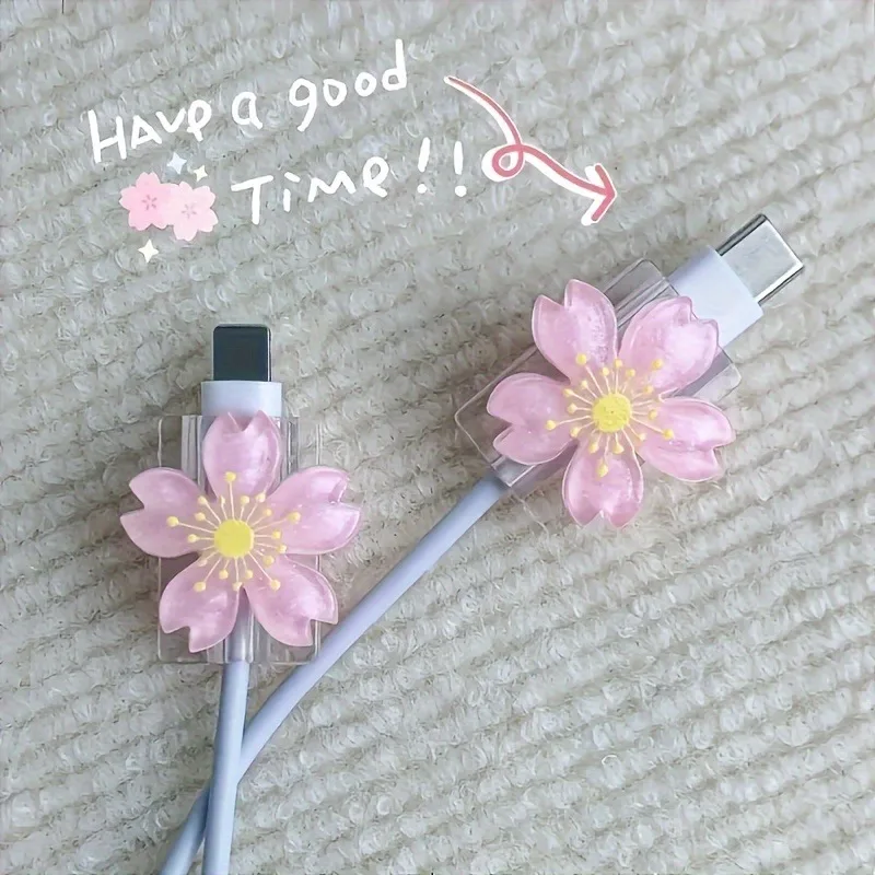 2 stücke Cartoon Kabel Protector Nette Blumen USB Ladegerät Schutz Kabel Organizer Kawaii Daten Linie Kabel Kabel Wickler Für iPhone Image
