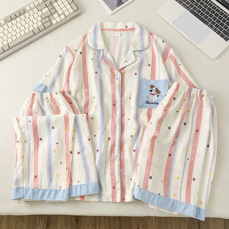 Stickerei Brief Hund Nette Süße Plus Größe Pyjamas Set Sterne Gestreiften Druck Koreanischen Stil 3PC frauen Pyjamas Set sommer Homewear Image