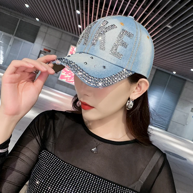 Großer Buchstabe Strass Cowboy Baseball Cap Männer Frauen Hip Hop Denim Verstellbare Snapback Sonnenhut Casual Outdoor Papa Trucker Hüte Image