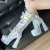 Olomm Echte Fotos Frauen Winter Plattform Knie Stiefel Zipper Flügel Block Heels Runde Kappe Wunderschöne Silber Schuhe Plus UNS Größe 5-20