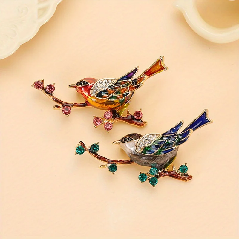 Simulation Elster Brosche Niedliche Vogel Blume Emaille Strass Corsage Pin Kleidung Kragen Knopf Zubehör Image