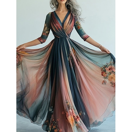 Abito lungo da donna, abito lungo, abito casual, abito svasato, abito floreale, abito estivo, abito boho, vintage, vacanza, quotidiano, vestibilità regolare, floreale, manica lunga, scollo a V, blu estivo.