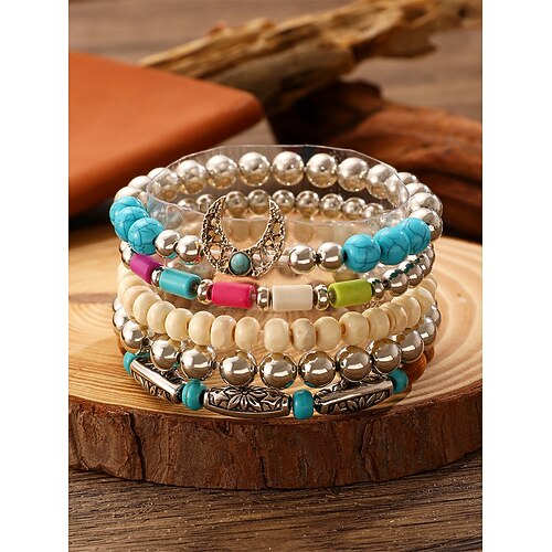 Set di braccialetti con perline da donna in stile boho western – multistrato elastico con turchese, perline di legno e ciondoli a forma di stivali da cowboy, piume e teschio di toro – gioielli da festival, casual e da regalo