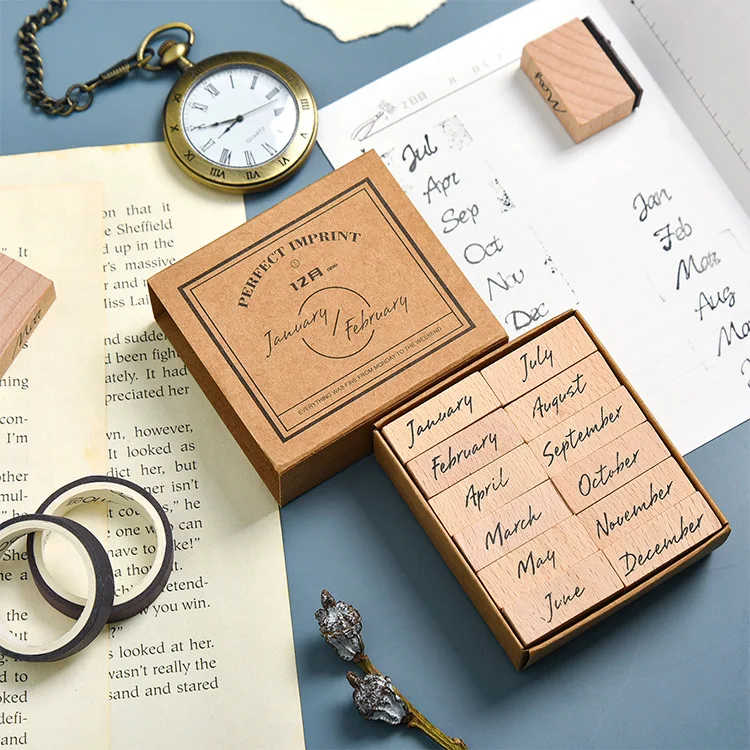 Wooden Rubber Stamp Set Week Months Number Design Decorative Stamps DIY Craft Scrapbooking Card Making Seal Stationery