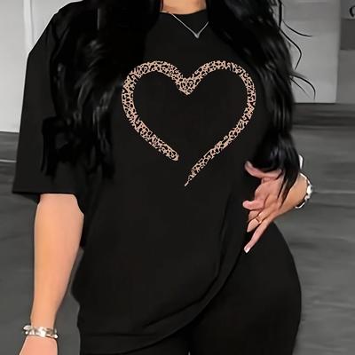 TEMU Women's Casual Short Sleeve T-shirt With Leopard Print - Black Round Neck Top, Medium Stretch Fabric, Machine Washable, Fit, Versatile Clothing, Relaxed Style, Nontransparent Material Image