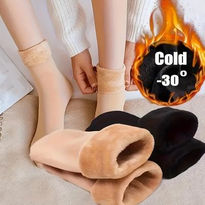 TEMU 5 Pairs Women's Plush Fleece-lined Thermal Socks - Mid-calf Winter With Elastic Band, Soft Beige & Black Unisex Home & Outdoor Snow Socks For Cold Weather, Winter Socks, Cozy Lounging, , , Image