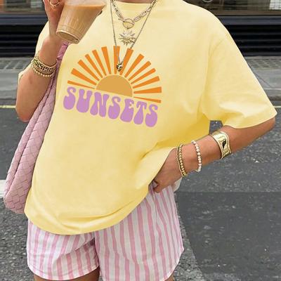 "TEMU Sunshine Women's Oversized Short Sleeve T-shirt - Vibrant Yellow With Purple "" Letter Print, Medium Stretch Casual Fit, Machine Washable Top, , Shirt" Image