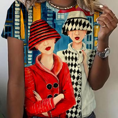 TEMU Women's Artistic Portrait Print T-shirt - 100% Polyester & Micro-elastane Blend, Loose Neck, Vibrant Design, Casual Wear, Machine Washable, Color Apparel, Comfortable Stretch Fabric Image