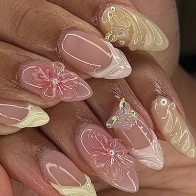 TEMU 24pcs Almond-shaped Artificial Nails, Sweet Spiral 3d Cute Delicate . Suitable For All Women And S. With A Box Containing Nail Files And Jelly Glue For Easy Application Image
