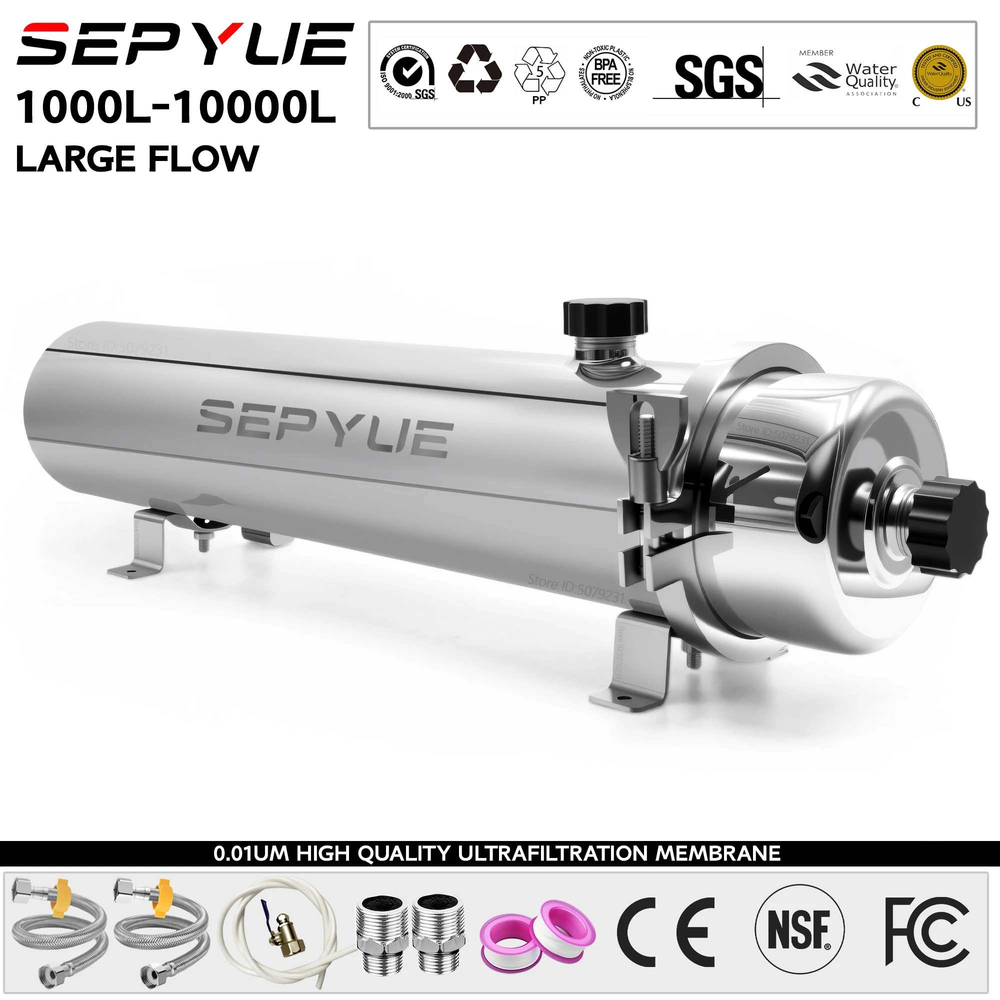 SEPYUE Whole House High Flow UF System Wasserreiniger 1000L, 0,01μm Edelstahl-Mineralfilter mit wiederverwendbarer PVDF-Membran Image