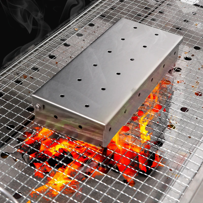 1 Stück Edelstahl-Räucherbox, Grill-Sägemehl, geräucherte Box, fügt den Grillgeschmack an Gas- oder Holzkohlegrills hinzu